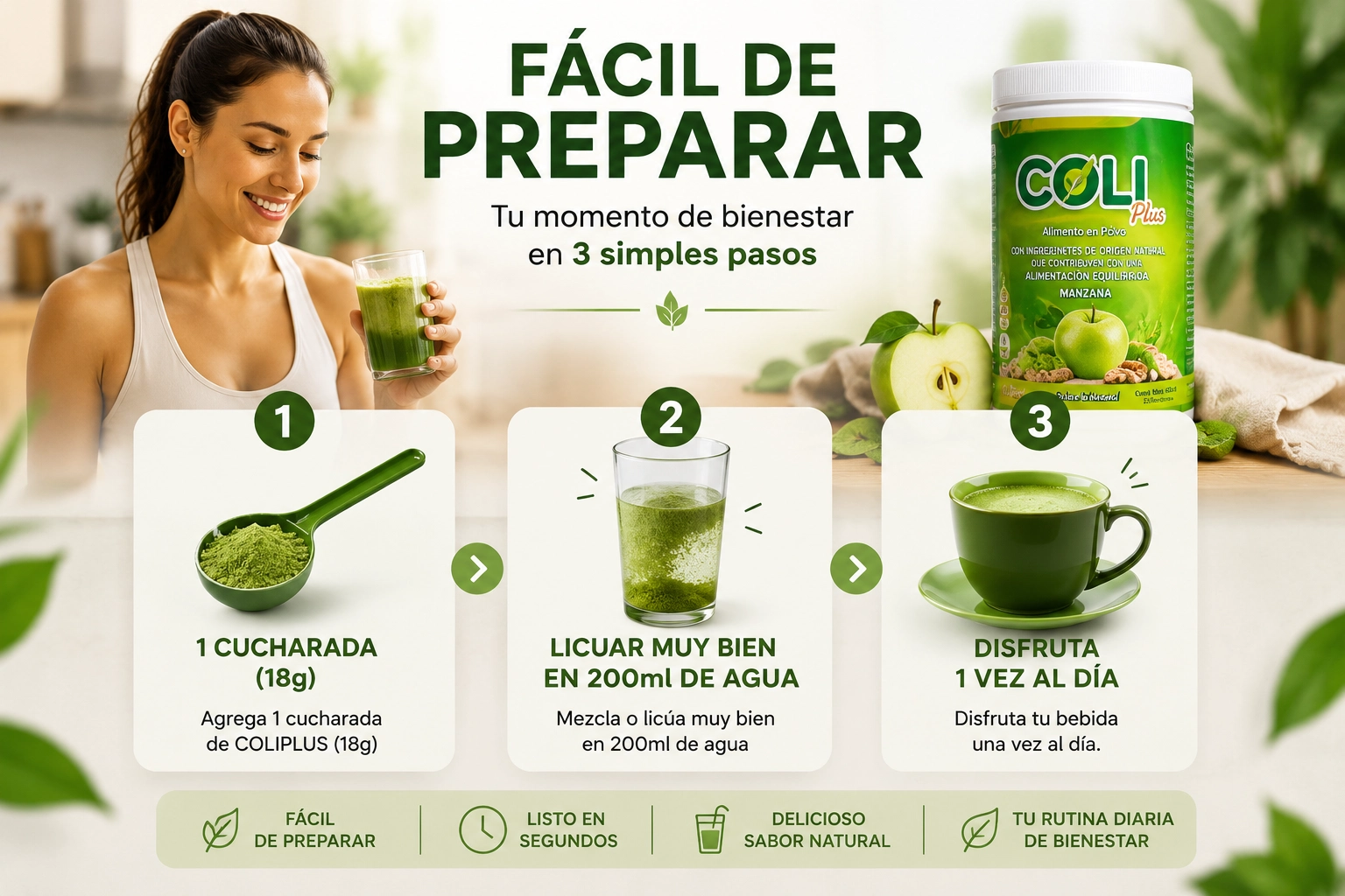 Cómo preparar Coliplus: paso 1 agrega 1 cucharada de 18g, paso 2 licua en 200ml de agua, paso 3 disfruta 1 vez al día