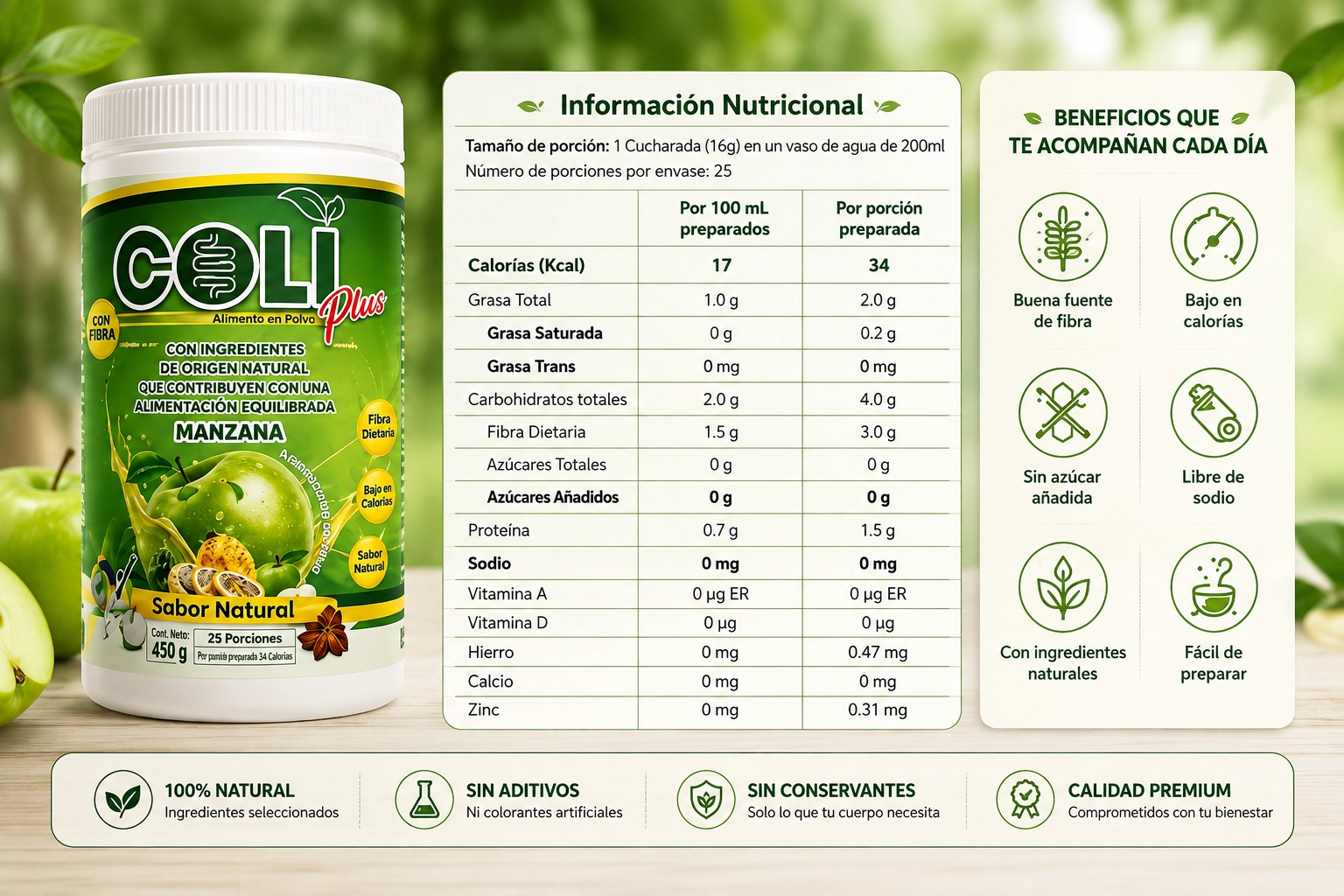 Información nutricional Coliplus: 34 Kcal por porción, sin azúcares, sin sodio, buena fuente de fibra